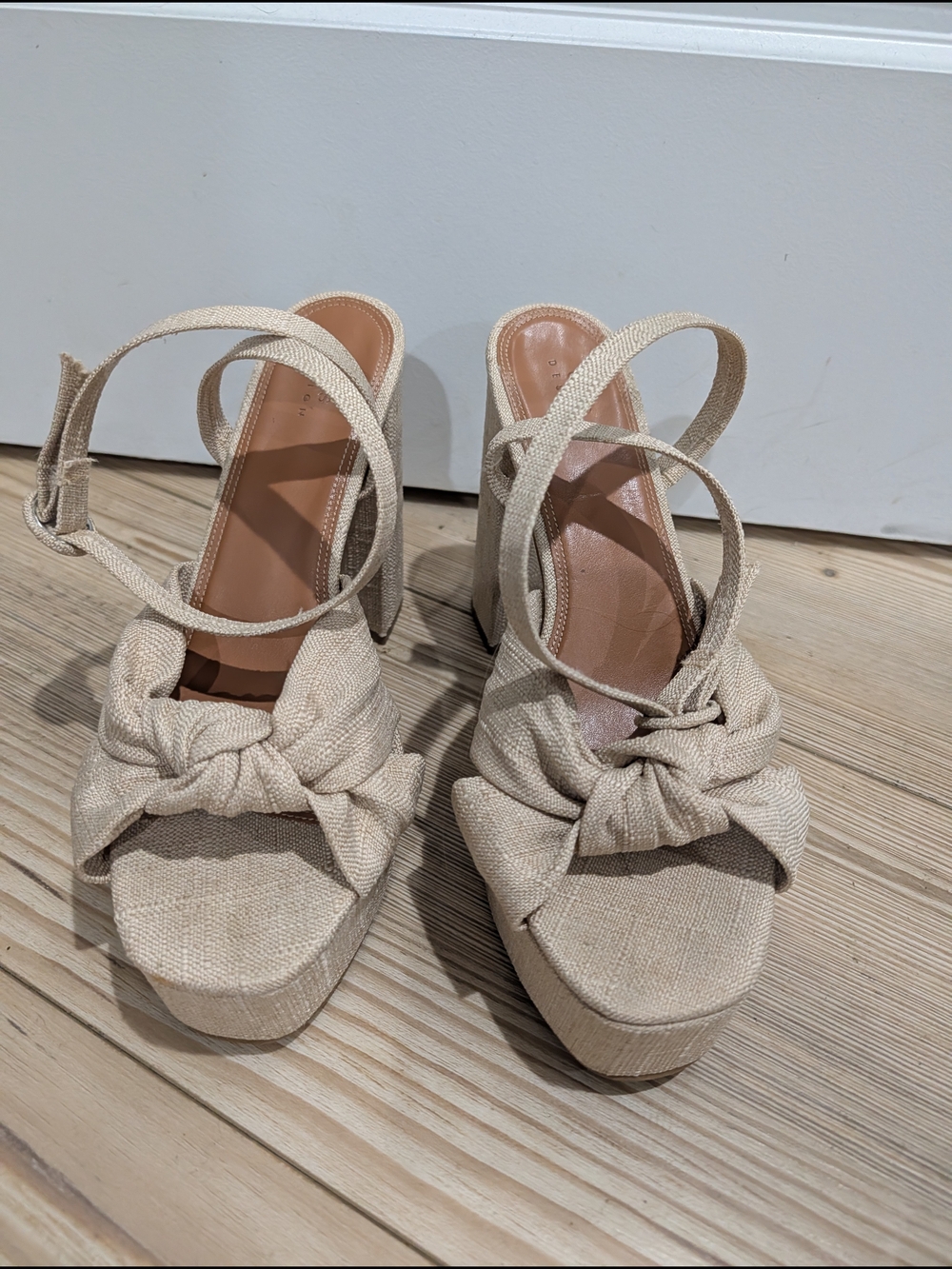 ASOS DESIGN Nude Linen Platform Block Heel Sandals Size 9.5 Ankle Strap - Picture 4 of 7